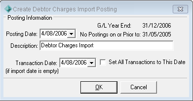Create Debtor Charges Import Posting window