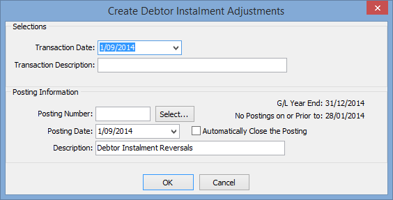 Create Debtor Instalment Adjustments window