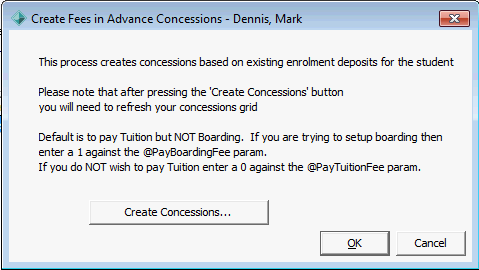 Create Fees In Advance Concessions user form