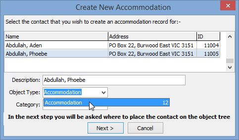 Create New Accommodation window