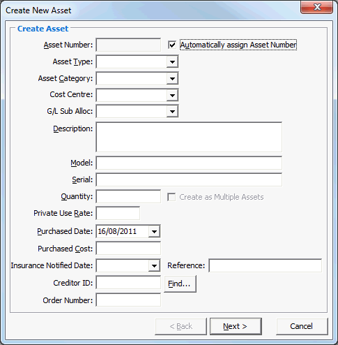 Create New Asset - Create Asset window