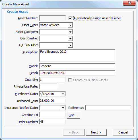 Create New Asset - Create Asset window
