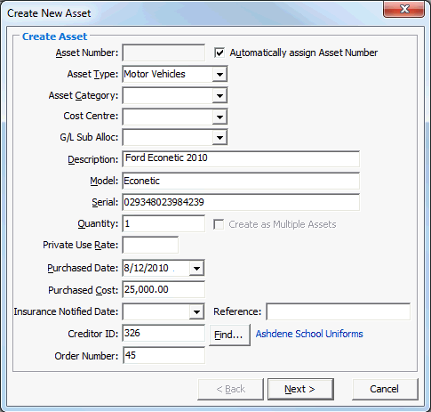 Create New Asset - Create Asset window