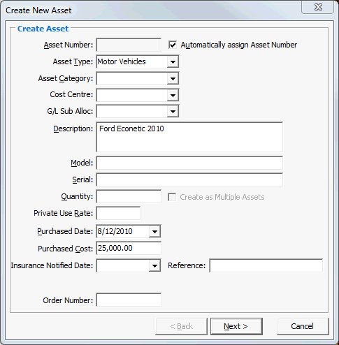Create New Asset - Create Asset window