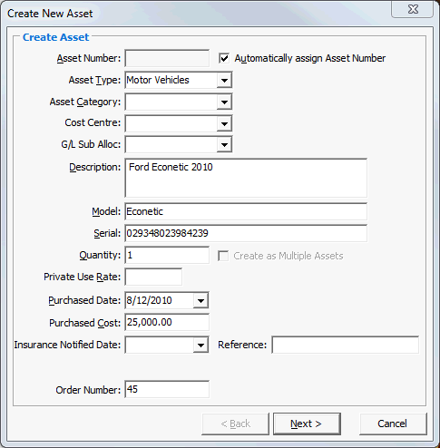Create New Asset - Create Asset window