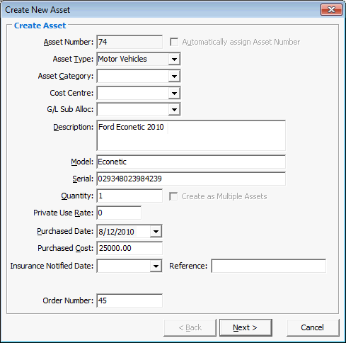 Create New Asset - Create Asset window