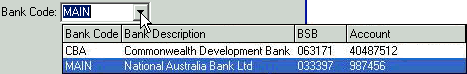 Bank Code drop-down list (Create New Bank Statement Control window)
