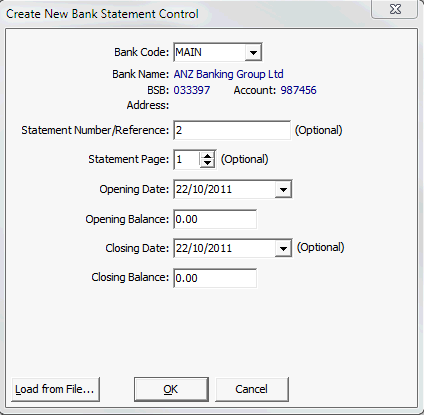 Create New Bank Statement Control window