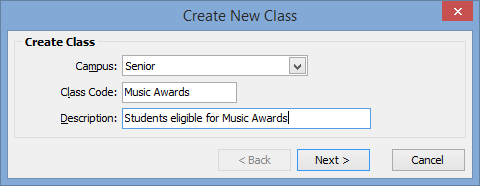 Create New class window (awards example)