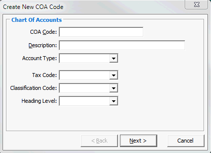 Create New COA Code - Chart of Accounts window