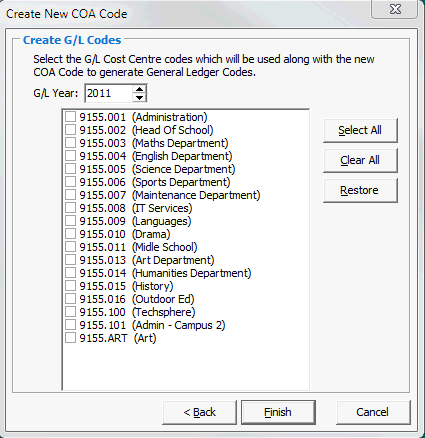 Create New COA Code - Create GL Codes window