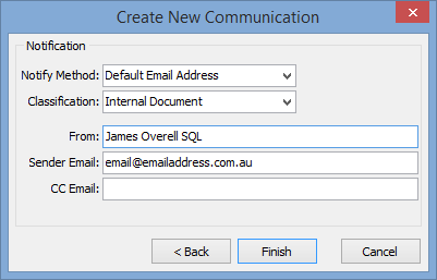 Create New Communication - Notification window