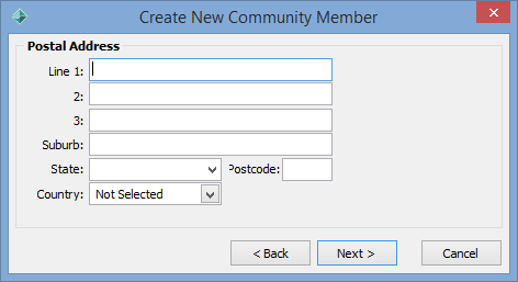 Create New Community Member - Postal Address window