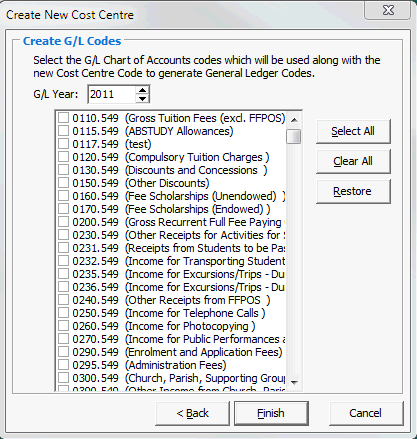 Create New Cost Centre - Create G/L Codes window
