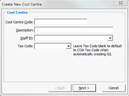 Create New Cost Centre - Cost Centre window