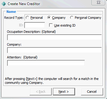 Create New Creditor - Name window (Company)