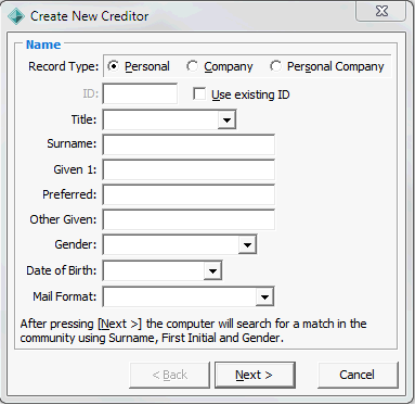 Create New Creditor - Name window (Personal)