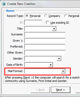 Create New Creditor - Name window (Personal, cut down))