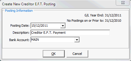 Create New Creditor EFT Posting window