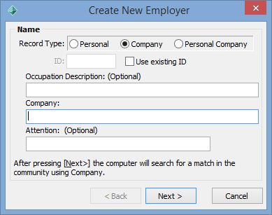 Create New Employer - Name window
