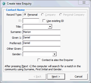 Create new Enquiry - Contact Name window
