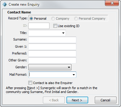 Create new Enquiry - Contact Name window (empty)