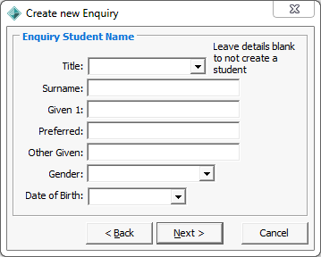 Create New Enquiry - Enquiry Student Name