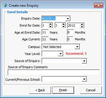 Create New Enquiry - Enrol Details window