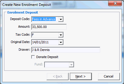 Create New Enrolment Deposit (fees in advance example)