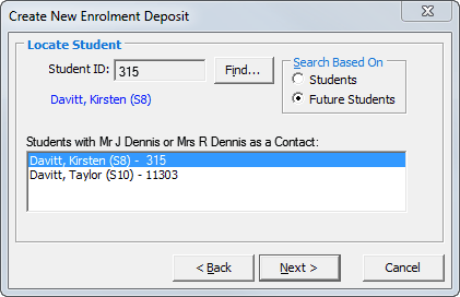 Create New Enrolment Deposit (Locate Student, fees in advance example)
