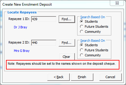 Create New Enrolment Deposit - Locate Repayees window