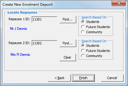 Create New Enrolment Deposit - Locate Repayees (fees in advance example)