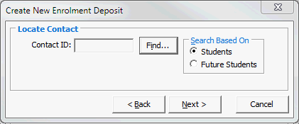 Create New Enrolment Deposit window - Locate Contact
