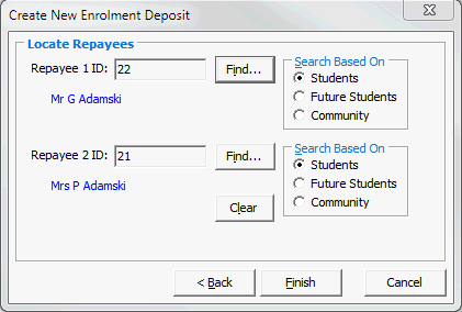 Create New Enrolment Deposit window - Locate Repayees