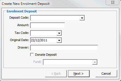 Create New Enrolment Deposit window