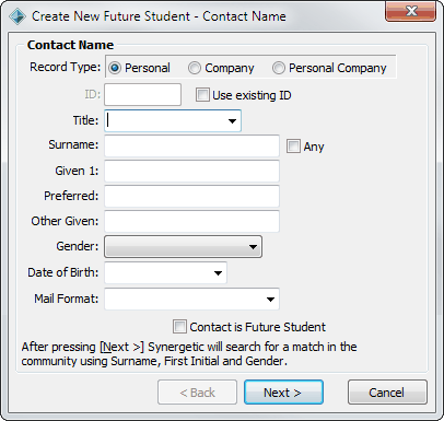 Create New Future Student - Contact Name window (blank)