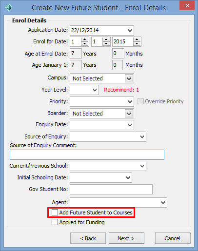 Create New Future Student - Enrol Details (Add Future Student to Courses field, cleared)