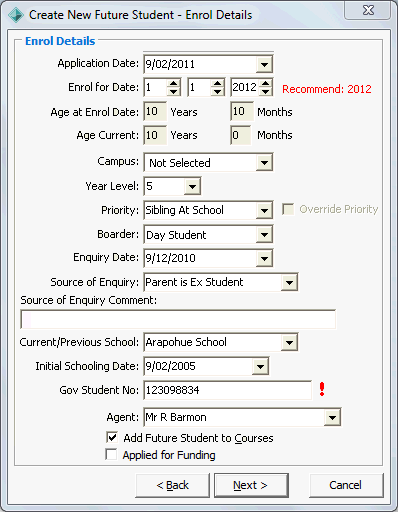 Create New Future Student - Enrol Details