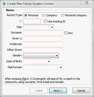 Create New Future Student Contact - Name window