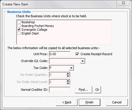Create New Item - Business Units window