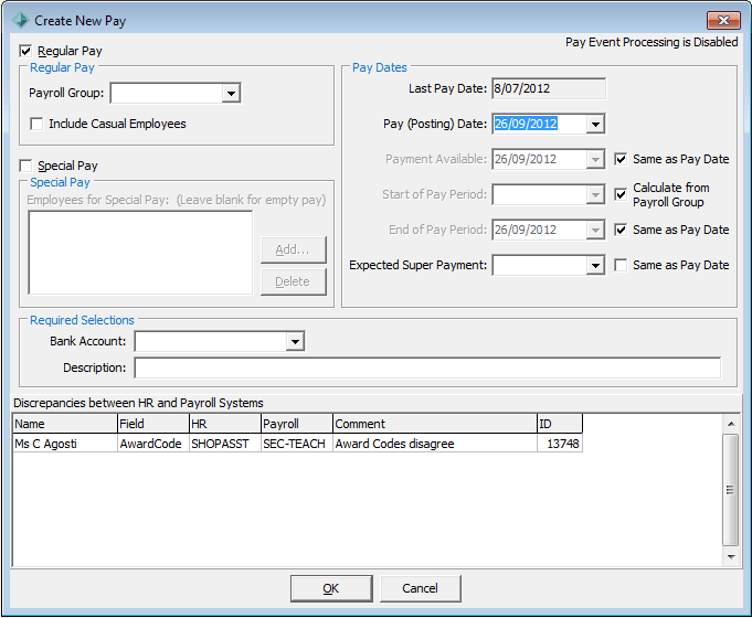 Create New Pay window