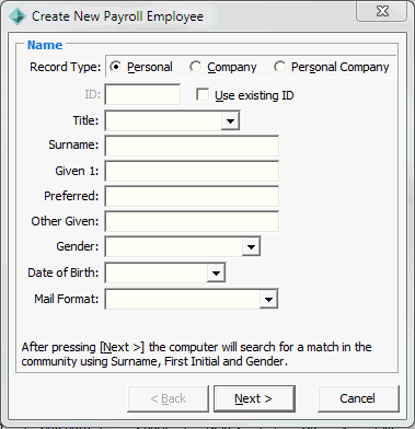 Create New Payroll Employee - Name window