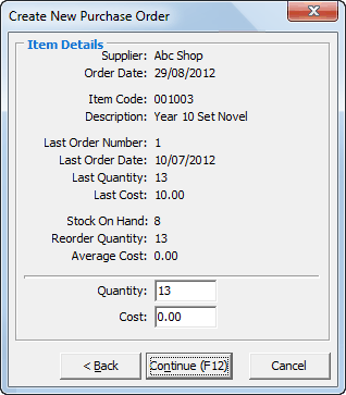 Create New Purchase Order window