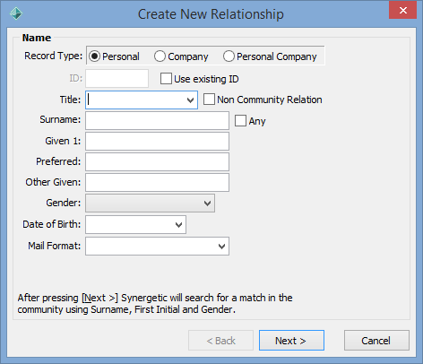 Create New Relationship - Name window