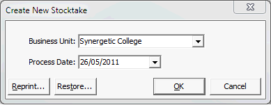 Create New Stocktake window