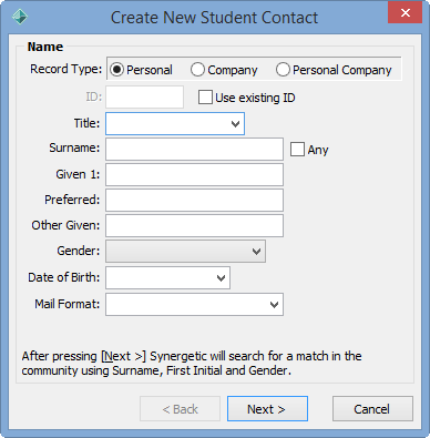 Create New Student Contact - Name window