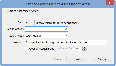 Create New Subject Assessment Area window