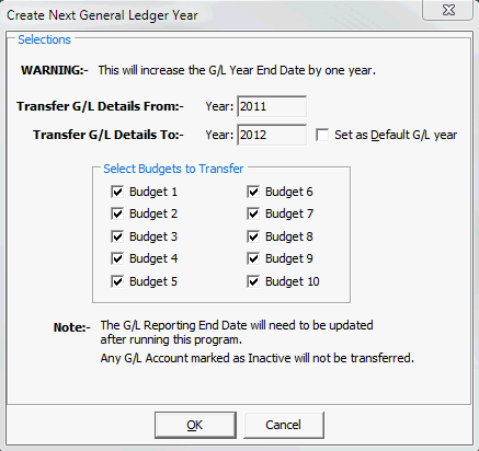 Create Next Year General Ledger window