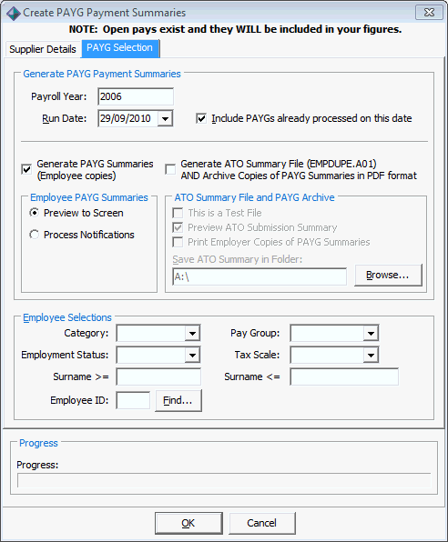 Create PAYG Payment Summaries - PAYG Selection tab