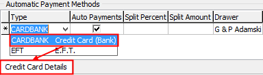 Credit card details (Debtor Maintenance - Automatic payments sub-tab, selection, cut-down)